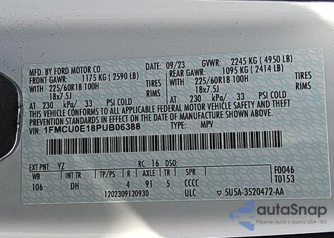 2023 Ford Escape из США, поврежденный, VIN 1FMCU0E18PUB06388